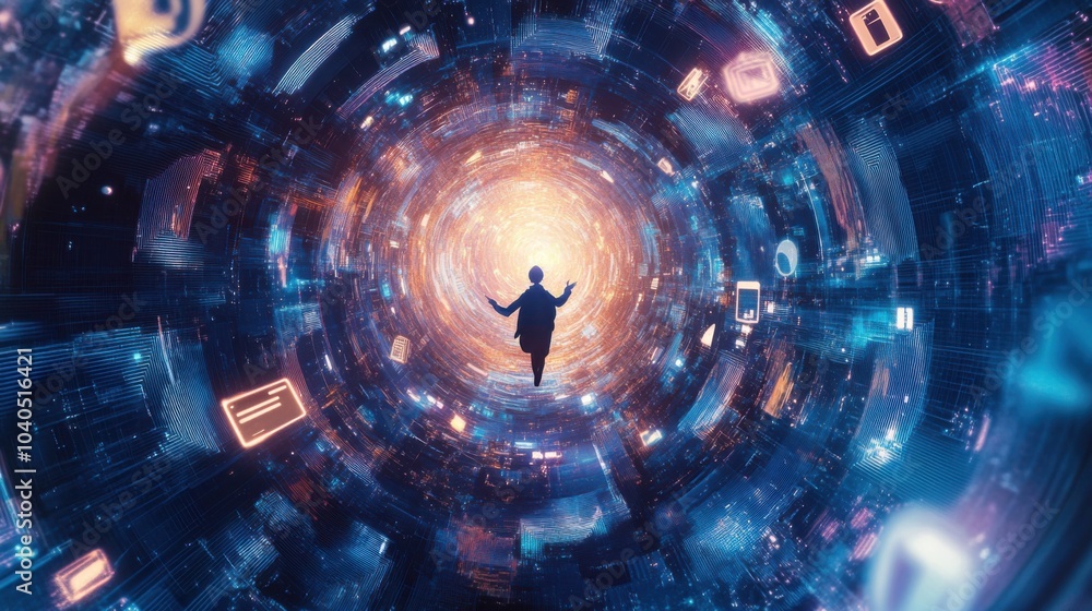 Poster A creative scene of a person floating through a cosmic landscape of swirling data streams and glowing productivity icons, symbolizing the exploration and navigation of modern digital spaces