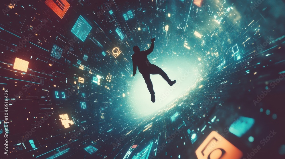 Poster A creative scene of a person floating through a cosmic landscape of swirling data streams and glowing productivity icons, symbolizing the exploration and navigation of modern digital spaces