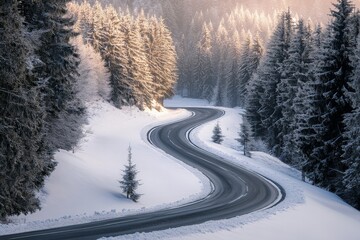 Obraz premium An enchanting winter scene where sunshine pierces through the snowy trees, illuminating a winding road, evokes warmth and contrast amid the cold landscape.