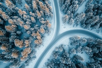 Intersecting roads covered in snow create a unique pattern against the enchanting backdrop of a winter forest, inviting thoughts of exploration and snowy adventures.