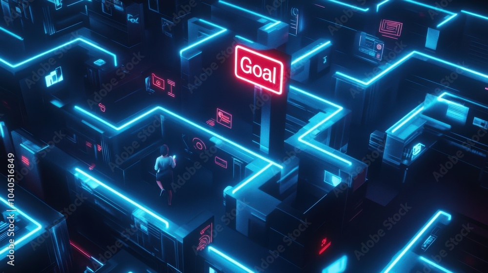 Poster A creative scene of a person navigating a maze of digital devices and social media icons while trying to find an exit marked by a glowing “Goal” sign
