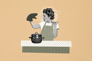Composite trend artwork 3D sketch image photo collage of young lady pinup hairdo style housewife hand glove talk puppet kitchen cook