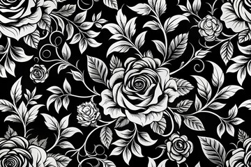 Black and White Seamless Rose Pattern Design