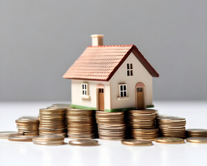 house model and coins on white background. real estate and investment concept.
