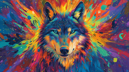 Colorful Wolf Portrait with Abstract Background   Artistic Animal Artwork