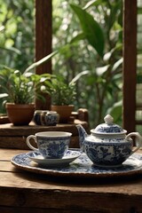 A vibrant cup of tea and teapot in wooden table surface