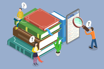 3D Isometric Flat Vector Illustration of Digital Dictionary, Online Knowledge Hub