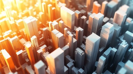 Obraz premium 3D abstract cityscape with a low-poly design, showing an innovative architectural layout of skyscrapers in a futuristic urban environment.