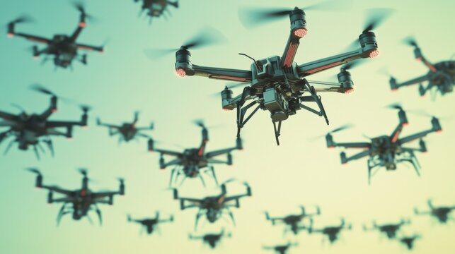 A detailed close-up of a drone swarm synchronization mechanism, showing autonomous flight coordination, Drone technology style