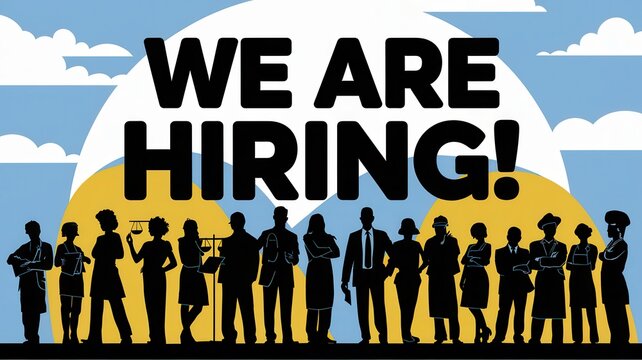 Silhouette group with hiring message against warm gradient background