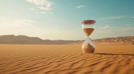 A creative shot of a giant hourglass in the middle of a desert, with sand representing moments of life slipping away, symbolizing the fleeting nature of time in a busy world