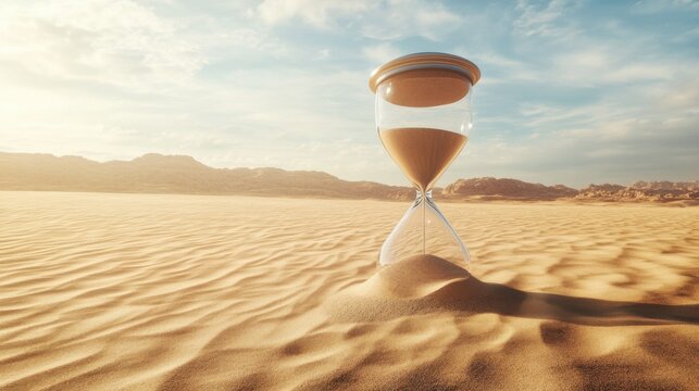 A creative shot of a giant hourglass in the middle of a desert, with sand representing moments of life slipping away, symbolizing the fleeting nature of time in a busy world