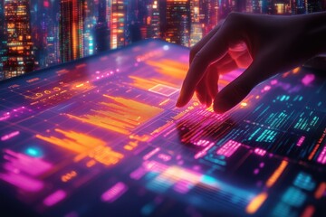 Futuristic Digital Analytics Dashboard with Vibrant Cityscape Backdrop