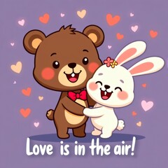 Fototapeta premium Para Kawaii Bear i Rabbit – projekt na Walentynki
