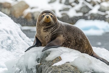 This image features a plump seal comfortably lounging on ice-covered rocks, set in a serene Arctic environment with surrounding icy waters and snow-dusted backdrops.