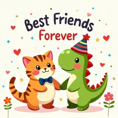 Fototapeta premium Kawaii Cat Dinosaur Best Friends Forever Illustration
