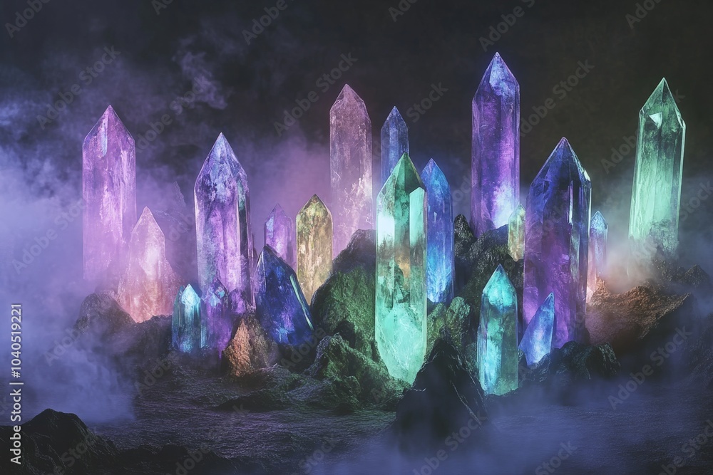 Poster A collection of multicolored gemstone crystals illuminated in a dark, misty setting, creating an enchanting and mystical display of vibrant light and shadow.