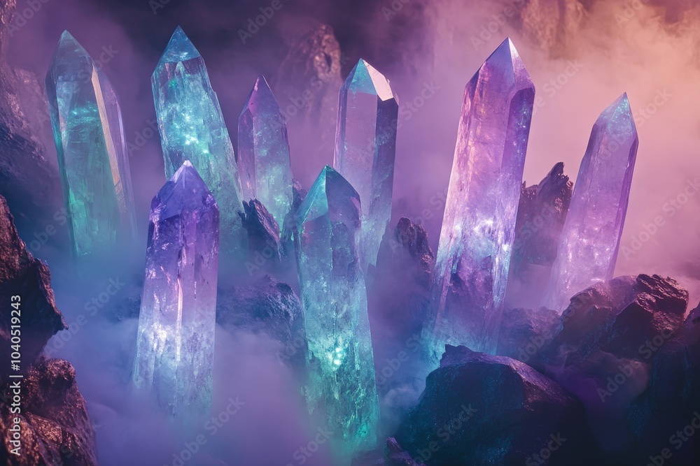 Aufkleber blue and purple crystalline structures rise amidst a dense fog, casting a magical and otherworldly g