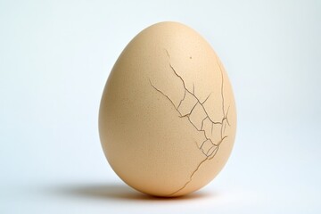 A brown egg with distinctive cracks rests upright on a light background, showcasing its simple beauty and fragility under soft lighting. Contrast subtly present.