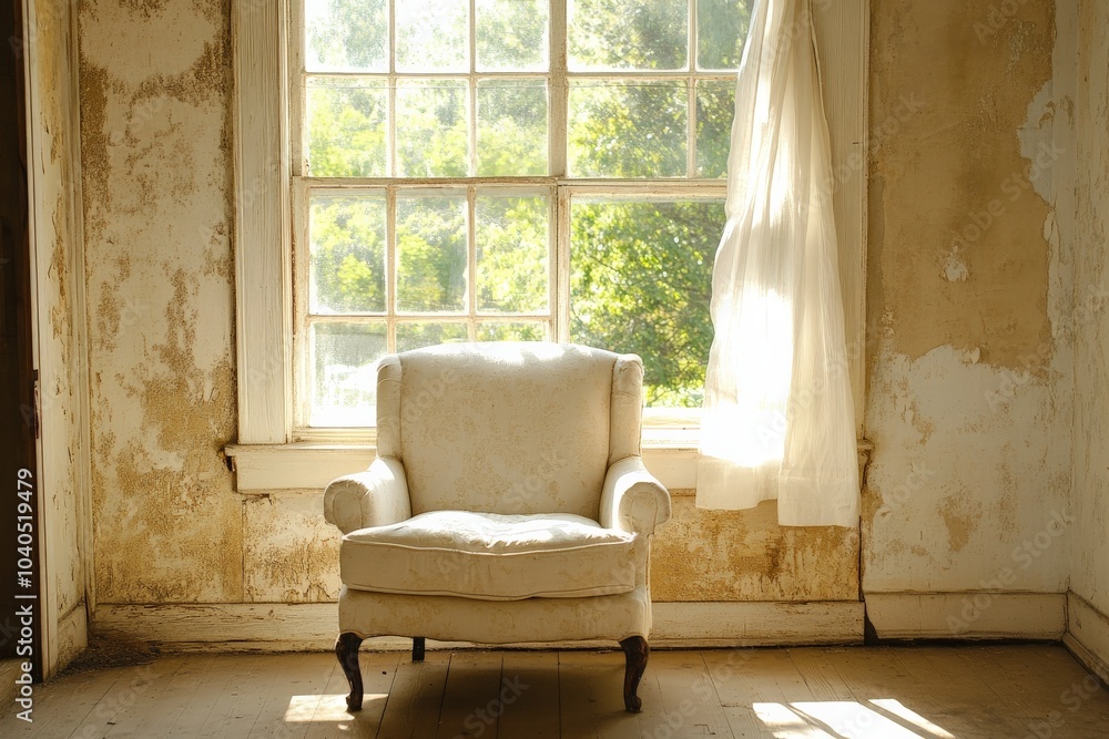 Aufkleber a single armchair is positioned in a rustic room with weathered walls, sunlight streaming in to crea