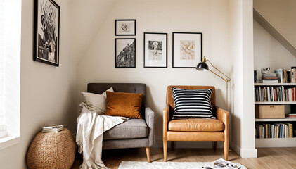 A stylish reading nook featuring a cozy armchair with a pillow, a framed artworks on the wall. Modern design	
