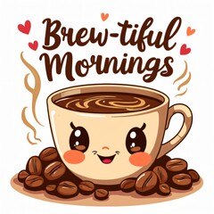 Obraz premium Kawaii Coffee Cup Brew-tiful Mornings Design