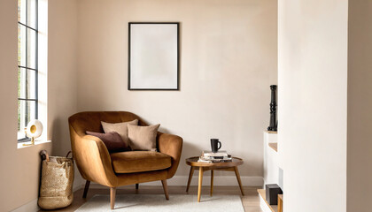 Fototapeta premium A stylish reading nook featuring a cozy armchair with a pillow, a framed mockup for artwork on the wall. Modern design 