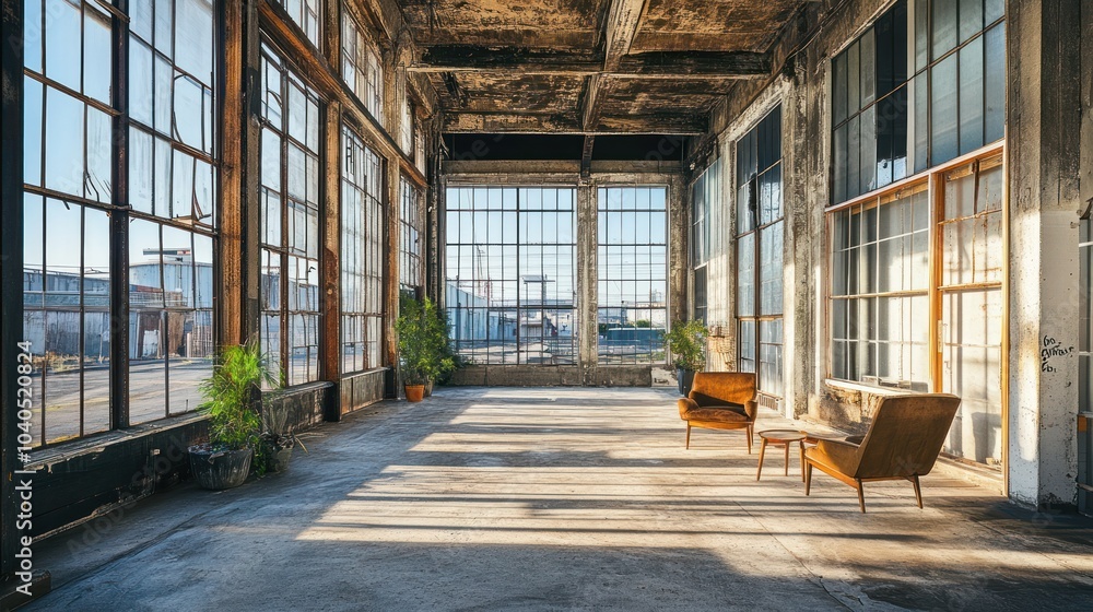 Poster two chairs in a large abandoned industrial space with large windows