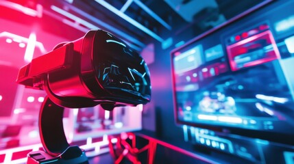 A cutting-edge tech setup featuring a VR headset, gaming console, and a large screen