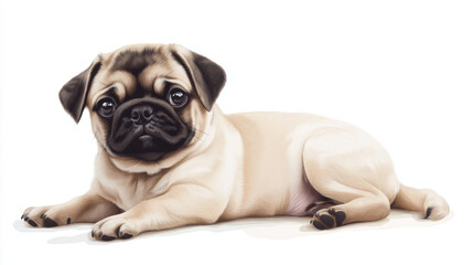 Fototapeta premium Illustration of a pug puppy portrait set against a white background.