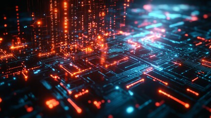 Obraz premium A chaotic yet beautiful depiction of data flow in a sci-fi setting, with bright neon rays and explosive bursts of color, on a black background