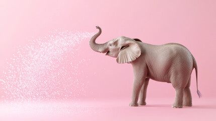 3D render illustration of an elephant spraying water against a pink background.



