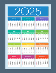 Colorful calendar for 2025 year. Week starts on Sunday. Vertical. Isolated vector illustration
