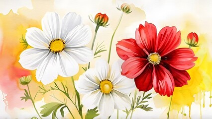  Watercolor flowers painted on a soft red white background, featuring delicate blooms and leaves created with fluid, artistic brush stroke.The flowers have a dreamy,translucent quality,pastel backdrop