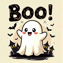 Obraz premium Cute Halloween Ghost Boo Illustration With Bats and Houses