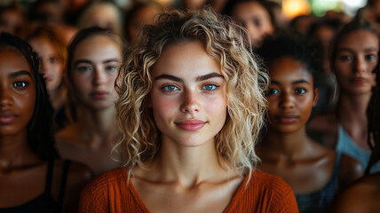 a large group of people, mostly caucasion, equal number of men and women, ages 20 to 65, looking into the camera,