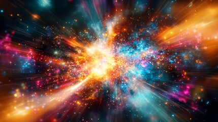 Obraz premium A chaotic yet beautiful depiction of data flow in a sci-fi setting, with bright neon rays and explosive bursts of color, on a black background