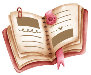 A isolated watercolor style diary bullet journal notebook with a paperclip and cat paw book mark in transparent background