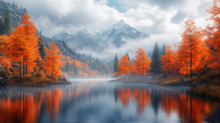 Autumn Lake has many trees growing on both sides of it. You can see the reflection in the water. Fog is floating around.