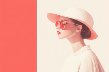 A stylish woman stands against a soft background, showcasing a clean minimalist design. She wears large sunglasses and a fashionable hat, exuding chic sophistication.