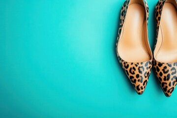 Stylish leopard print footwear is positioned neatly against a bright turquoise background, showcasing its unique design and vibrant colors, perfect for making a fashion statement.