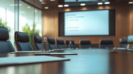A close-up of a conference room with a large round table, high-backed chairs, and a projector screen ready for a presentation without people