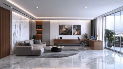 Fototapeta premium Luxury studio apartment interior design featuring a cozy sofa set with a grey rug, white walls, grey marble flooring, and an office corner with a desk, chair, and laptop; 3D illustrations and renderin