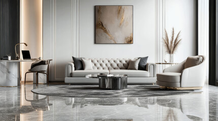 Luxury studio apartment interior design featuring a cozy sofa set with a grey rug, white walls, grey marble flooring, and an office corner with a desk, chair, and laptop; 3D illustrations and renderin
