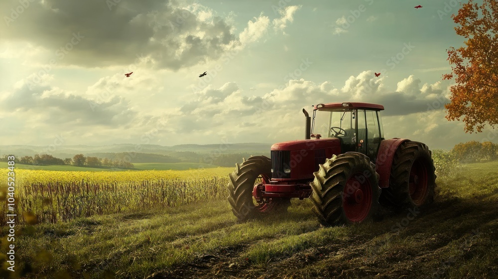 Poster Red Tractor in a Field with Cloudy Sky and Trees