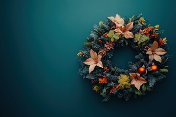 A colorful wreath decorated with vibrant flowers, pine, and ornaments hangs against a rich, dark backdrop, creating a warm and inviting atmosphere perfect for holiday celebrations.