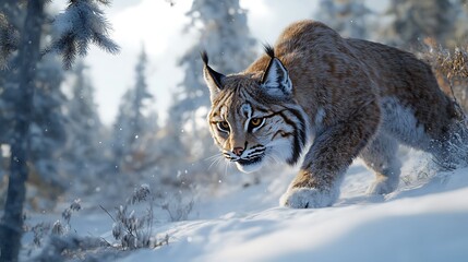 Fototapeta premium A close-up of a lynx prowling through the snow, its fur blending with the white landscape 