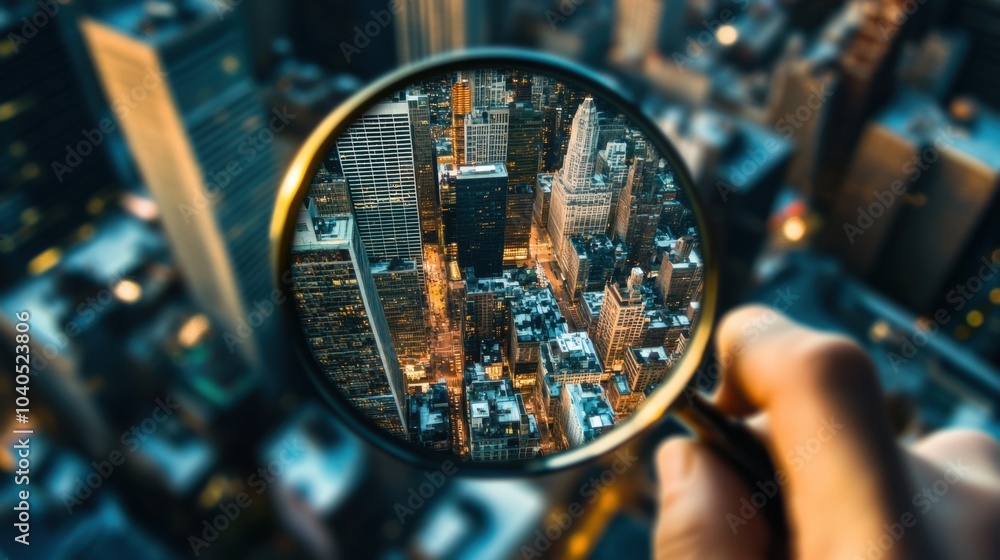 Poster a detailed visual of a person looking through a magnifying glass at a cityscape, with different part