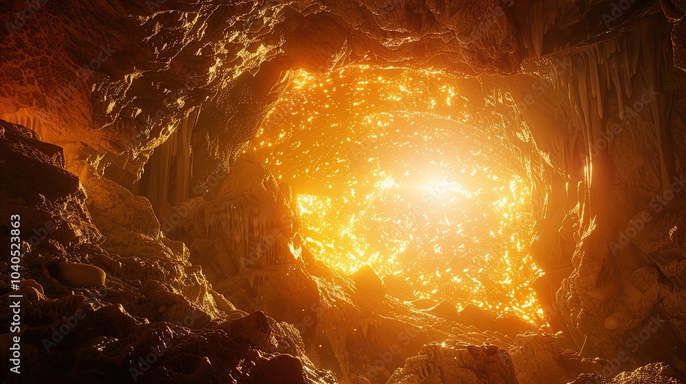 Poster a cave with walls that glow and pulse with a soft, otherworldly light, illuminating strange formatio
