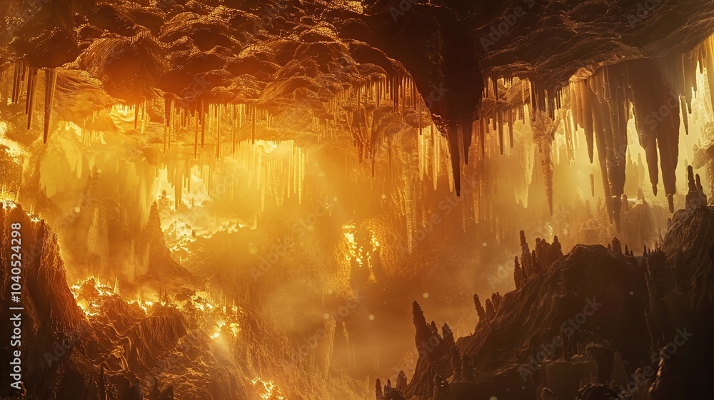 Poster a cave with walls that glow and pulse with a soft, otherworldly light, illuminating strange formatio